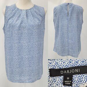 Darjoni Womens Medium Blue White Sleeveless Gathered Pleats Neckline Top Blouse